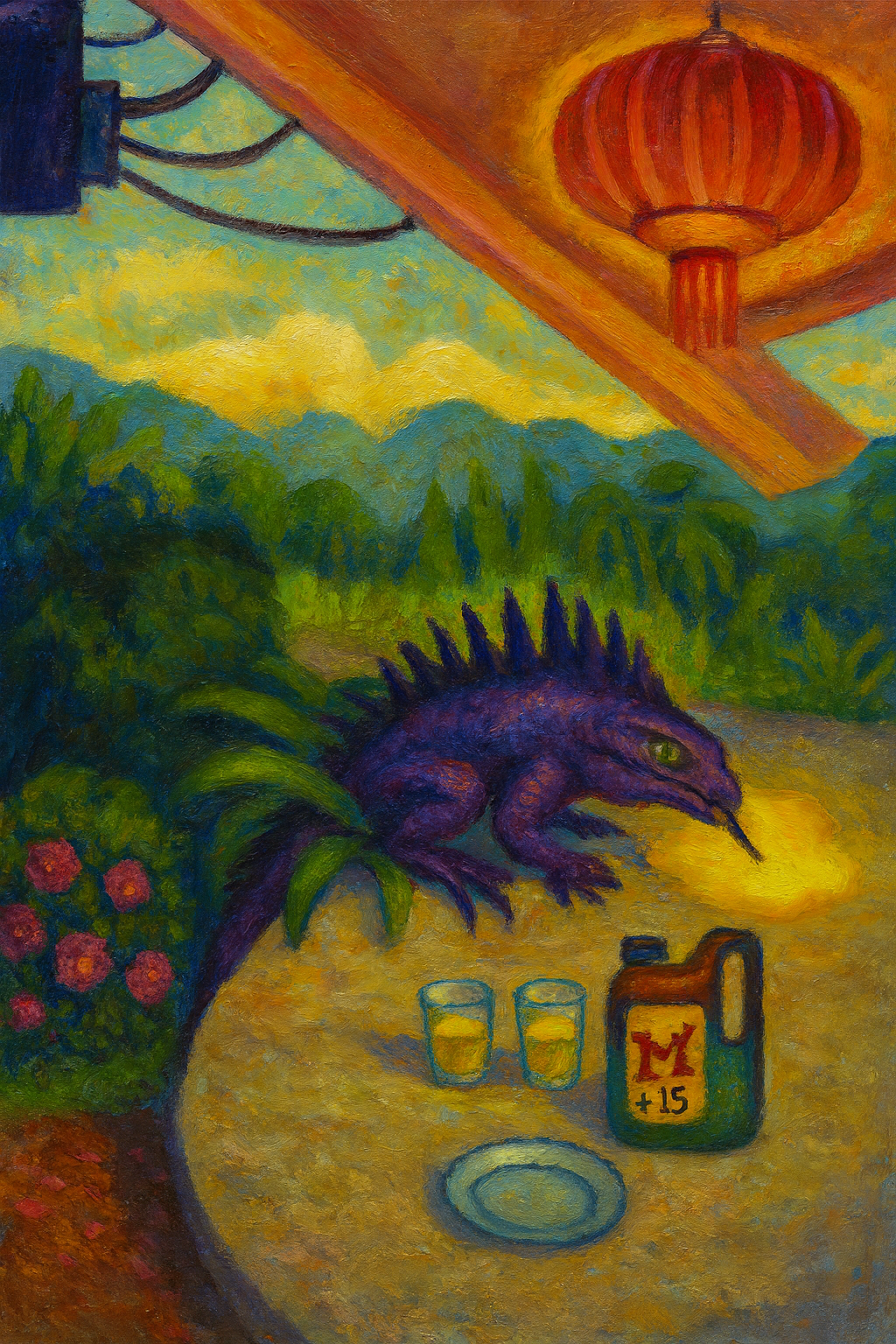 Completed artwork of a monitor lizard drinking a radioactive energy drink