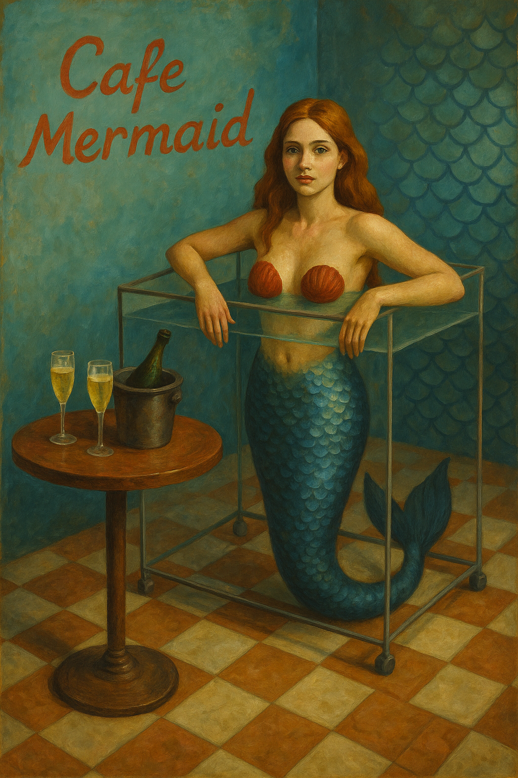 Completed artwork of a mermaid in a rolling aquarium at a bar