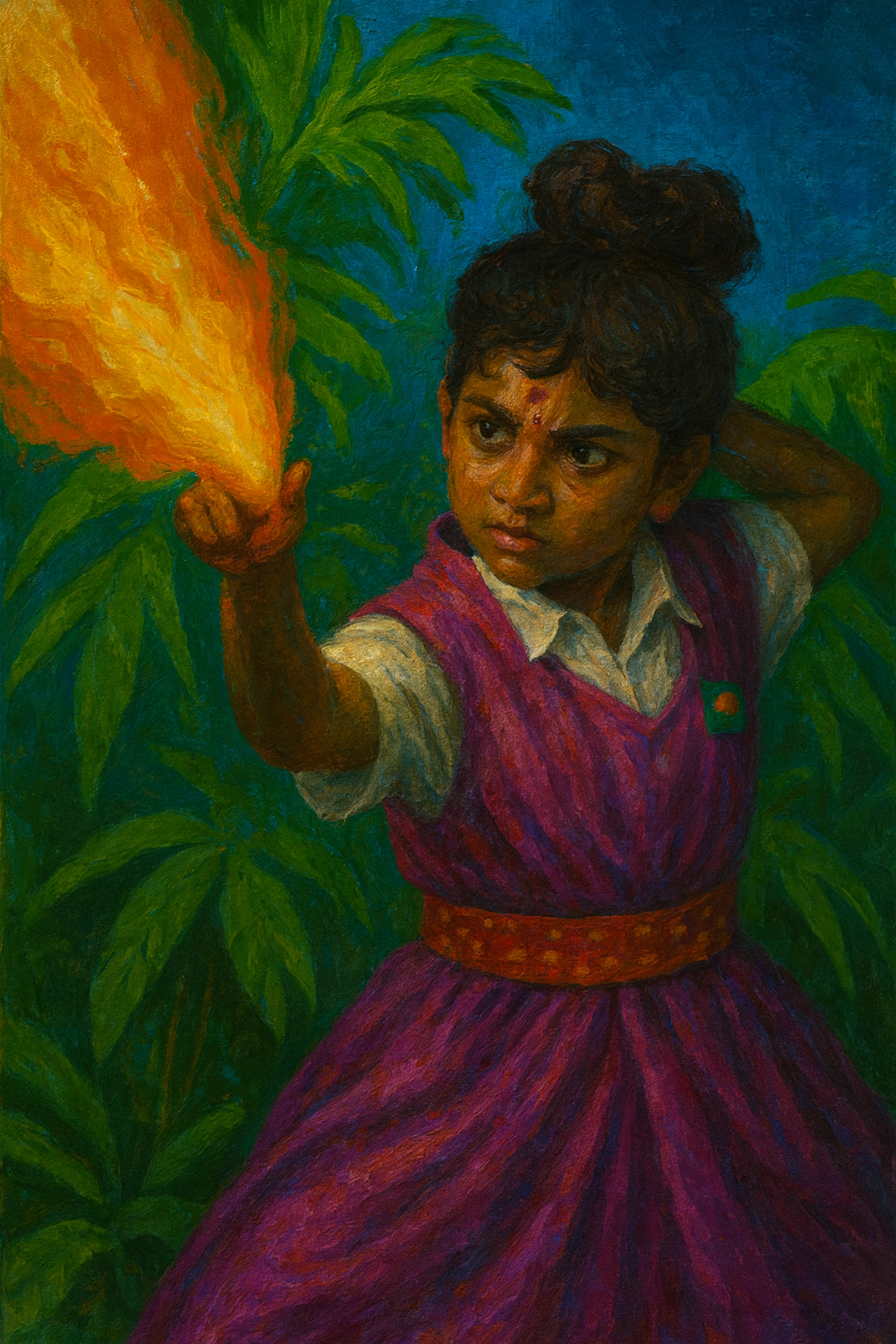 Completed artwork of a schoolgirl shooting fire from her hand